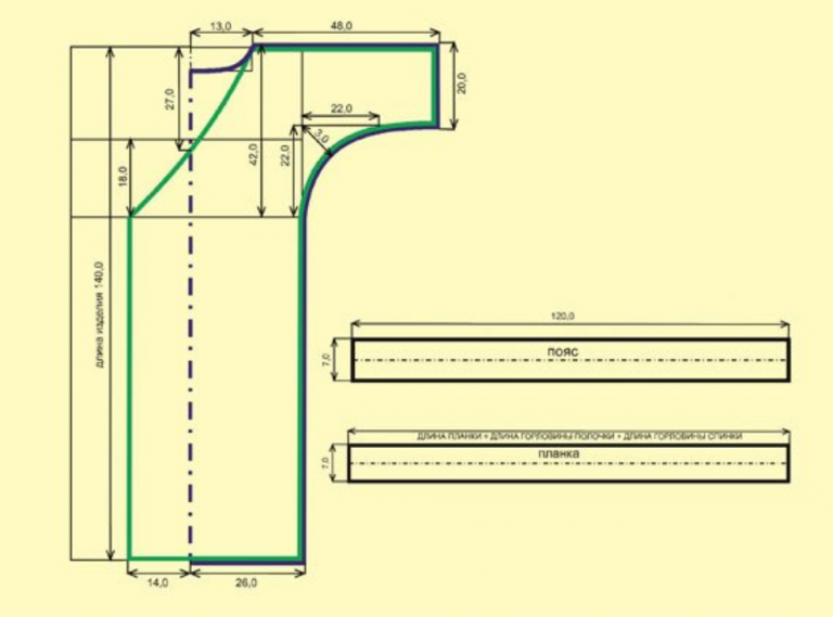 Выкройка чертежа швейного изделия с цельнокроеным рукавом строится одновременно для спинки и переда
